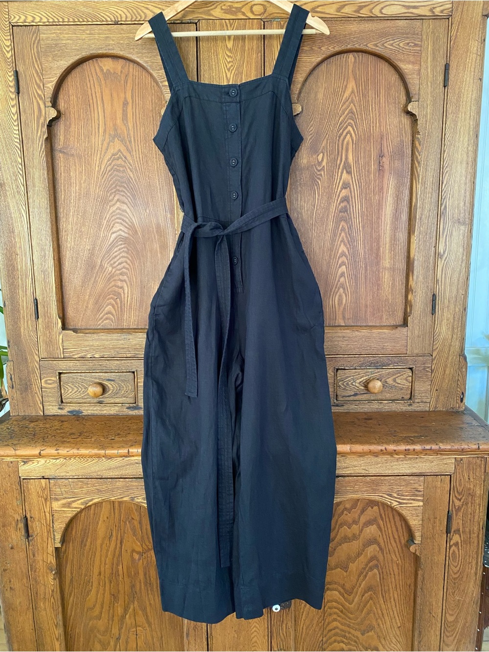 Everlane black linen picnic jumpsuit 12 square neck button front wide leg